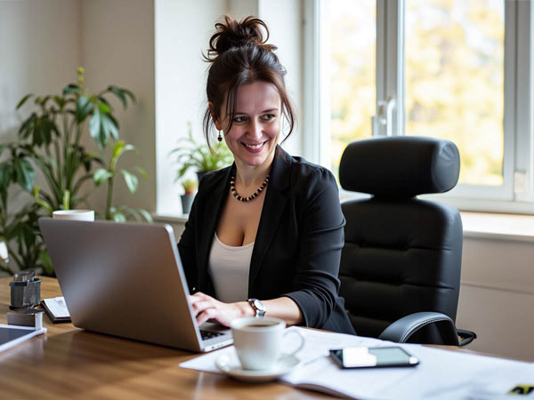 Done-for-You KI-Content-Strategie von Nicole Angela Buck – Frau arbeitet entspannt am Laptop